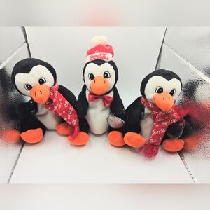 3 Coca-Cola Plush PENGUINS with Red and White Snowflake Stocking Hat 2 with Tag